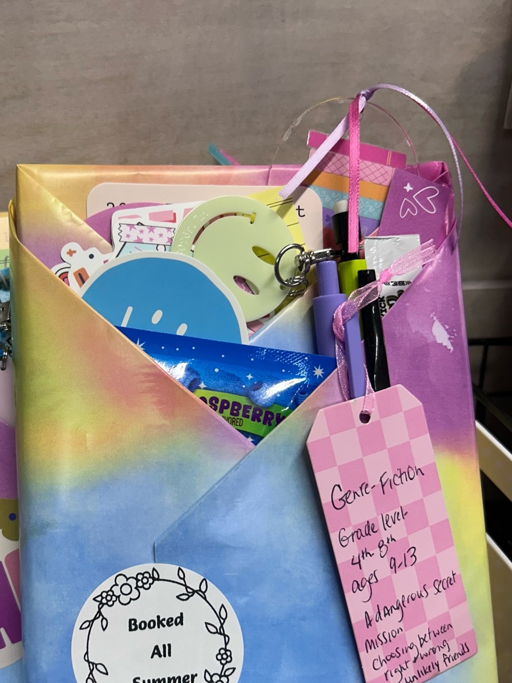 Rainbow Tie-Dye Book Sleeve with Cute Stickers & Tags. Kids mystery book set